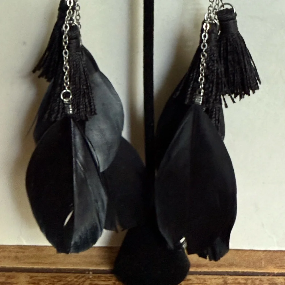 Chic Black Feather and Black  Tassel Earrings - Picture 5 of 14